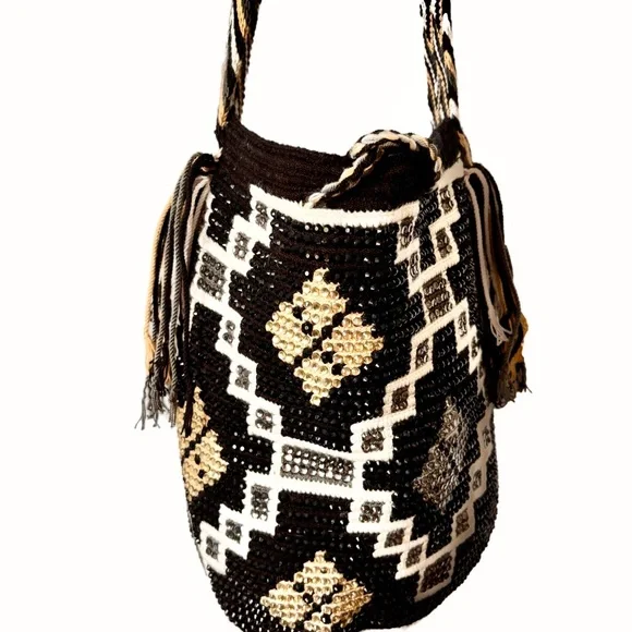 🥰3 for $30🥰Black Gold Crochet Geometric Patterned Boho Shoulder/Bucket/Hobo Bag - Picture 3 of 12